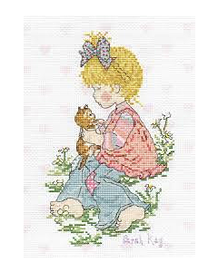 Voorbedrukte canvas /stramien julie met kuikens lucie met poesje van sarah kay om te borduren