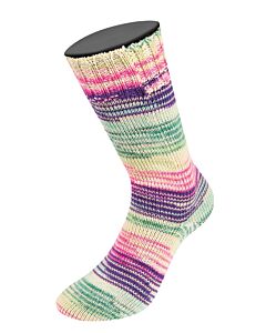 Lana Grossa Meilenweit Seta Asia kl.3174 (crème/blauw/paars/petrol/limoen) is een 4-draadse sokkenwol