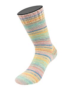 Lana Grossa Meilenweit Zucchero kl.6502 (blauw/oranje/geel/roze) met aloë vera is een 4-draadse sokkenwol.