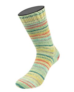 Lana Grossa Meilenweit Zucchero kl.6502 (blauw/oranje/geel/roze) met aloë vera is een 4-draadse sokkenwol.