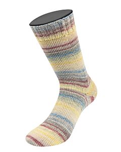 Lana Grossa Meilenweit Zucchero kl.6504 (crème/grijs/donkerpaars/blauw) met aloë vera is een 4-draadse sokkenwol