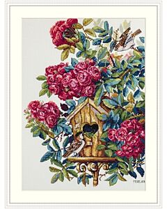 Borduurpakket met telpatroon vogelhuisje in de rozenstruik Merejka k150
