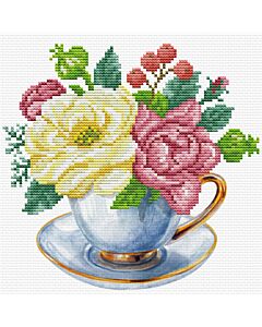 Voorbedrukt borduurpakket blauwe kop met bloemen op aida Needleart World 250.001