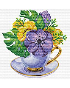 Voorbedrukt borduurpakket paarse kop met bloemen op aida Needleart World 250.002