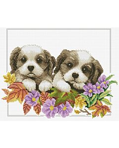 Voorbedrukt borduurpakket pups op aida Needleart World 440.103
