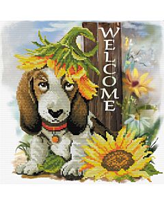 Voorbedrukt borduurpakket zonnebloem hond op aida Needleart World 650.037