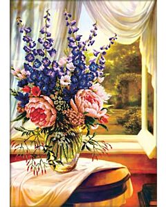Voorbedrukt borduurpakket Bloemen Vaas bij het raam op aida van Needleart world. 750.019