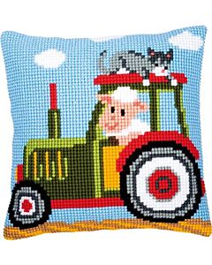 Vervaco borduurpakket kruissteek kussen dierentrein tractor pn-0008483