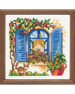 Borduurpakket poes voor het raam zomer telwerk van Vervaco  