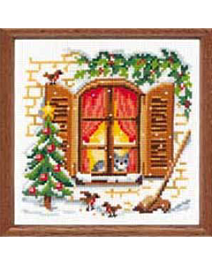 Borduurpakket kruissteek telwerk poes voor het raam winter Vervaco  2002/70.184