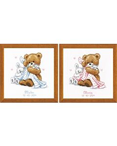 Vervaco borduurpakket geboortelap beer met konijn en poes borduren pn-0011901