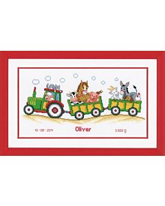 Vervaco borduurpakket Geboortetegel Tractor met dieren borduren PN-0011906