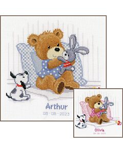 Vervaco borduurpakket geboortetegel Beertje, konijn en hondje  pn-0021666 om te borduren