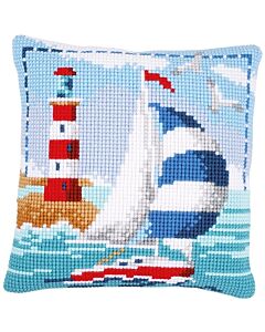 Borduurpakket voorbedrukt kruissteek kussen vuurtoren en zeilboot van vervaco pn-0021781