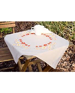 Bedrukt tafelkleed met ingeweven boord Klaprozen en vanilliebloemen om te borduren.