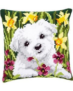 Vervaco borduurpakket kruissteekkussen westie in narcissen pn0147569 borduren