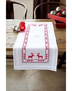 Voorbedrukte loper rode rendieren   met ingeweven boord om te borduren.