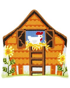  Borduurpakket  voorbedrukt kruissteek kussen kippenhok