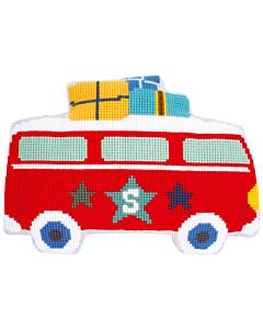 Borduurpakket kruissteekkussen op vakantie met de bus incl. kussenrug van Lief