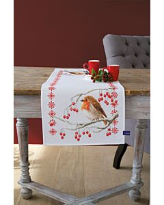 Borduurpakket loper Roodborstje met rode besjes met telpatroon