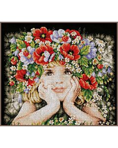 Lanarte borduurpakket meisje met bloemen pn-0156698 op zwart aida