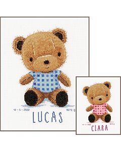 Vervaco borduurpakket geboortetegel  knuffelbeertje in blauw of roze.