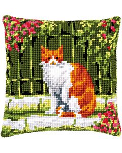 Borduurpakket borduurkussen poes tussen bloemen in kruissteek Vervaco pn-0184400