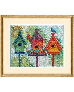 Dimensions borduurpakket voorbedrukt kleurige vogelhuisjes 71-20088