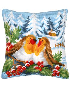 Vervaco borduurkussenpakket Roodborstjes in winterland PN-0197900 voorbedrukt (kussenrug en opvulkussen apart verkrijgbaar)