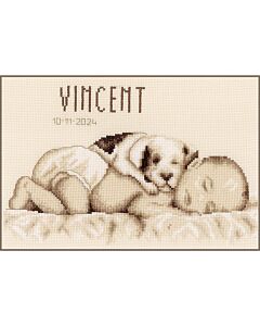 Vervaco borduurpakket geboortetegel baby met hondje PN-0199545 telpatroon
