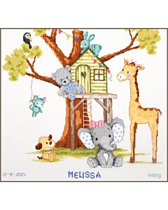 Vervaco borduurpakket geboortetegel spelen in de boomhut PN-0203560 telpatroon