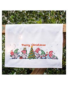 Vervaco borduurpakket theedoek Gnomes met kerstboom PN-0216917 voorbedrukt