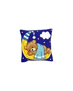 Kruissteekkussen blauw beertje op de maan om te borduren 