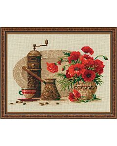 Riolis borduurpakket koffie met klaprozen  borduren 1121 met telpatroon 