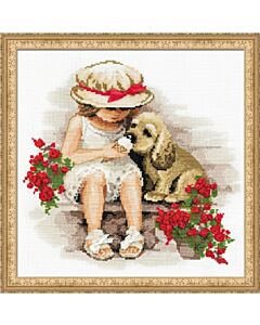 Riolis borduurpakket meisje met hondje eten samen een ijsje om te borduren 1333