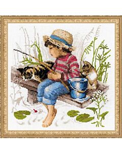 Riolis borduurpakket jongen op de steiger met poesjes om te borduren 1470