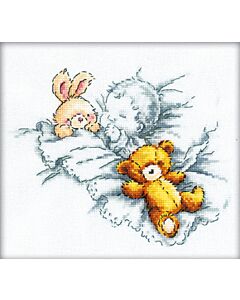  Borduurpakket Baby slaapt  met beer en konijn om te borduren van Rto m156