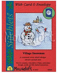 Mouseloft borduurpakket kerstkaart dorps sneeuwpop S32stl incl. kaart & envelop