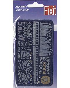 Fixit applicatie jeansblauw en rechthoekig met figuren en teksten erin.