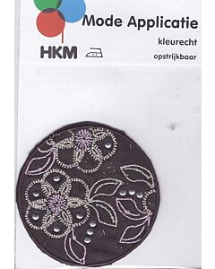 Bruin, rond met bloemetjes print en zilvere steentjes applicatie.