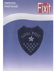 Blauw met tekst Goal post en sterren applicatie.