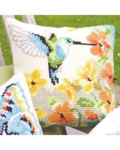 Borduurpakket  kussen kolibri met bloemen