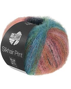 Lana Grossa Silkhair Print kleur 438 (ecru/oranjerood/blauwgroen)