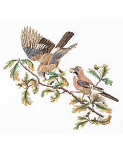 Thea Gouverneur Jays vogels borduren op linnen stof