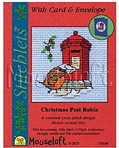 Mouseloft borduurpakket kerstkaart roodborstje bezorgd de kerstpost U32stl telpatroon incl. kaart & envelop