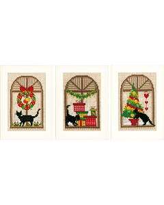 Vervaco borduurpakket 3 Wenskaarten met omslag kerstsfeer poezen pn-0150427 borduren