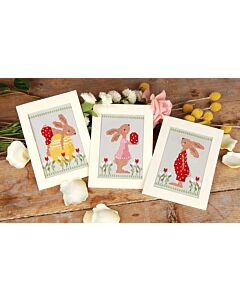 Vervaco wenskaarten met omslag paaskonijn in tulpentuin set van 3  borduren pn-0196171