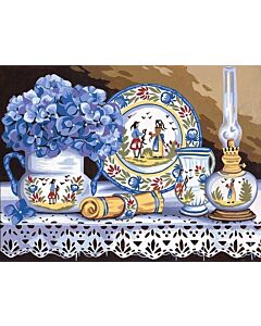 Voorbedrukt canvas hortensia met aardewerk om te borduren van Margot 153.1312