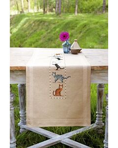 Voorbedrukte loper speelse katten met ingeweven boord om te borduren.pn-0153616