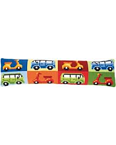 Vervaco borduurpakket tochtkussen wagenpark pn-0146158 in kruissteek borduren.